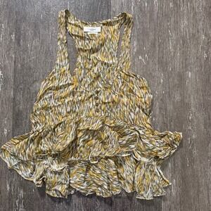 ISABEL MARANT ETOILE SLIMEA TOP 38 Yellow Abstract Print Sheer Ruffle Sleeveless
